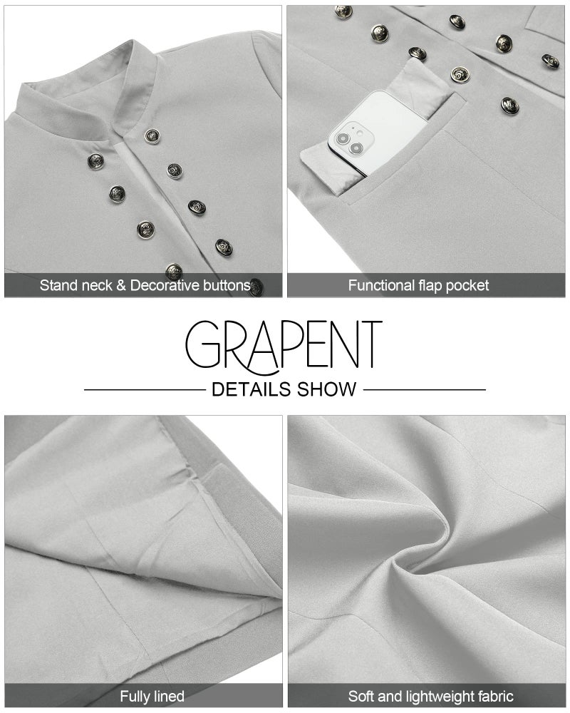 GRAPENT Women's Grey Business Casual Buttons Pockets Open Front Blazer Suit Cardigan Outerwear Medium (Fits US 8-US 10) - Image 5
